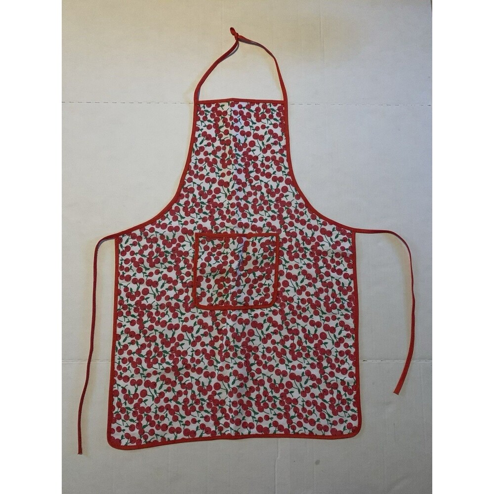 Vintage Cherry Print Cotton Bib Apron with Pockets for Adults